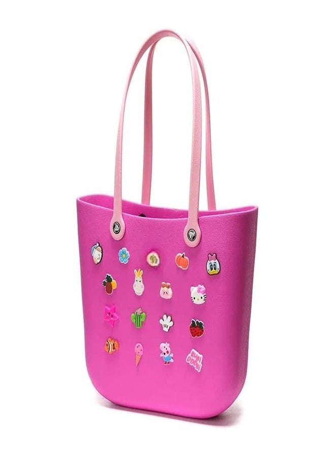 RAMNATH IMPEX حقيبة يد أنيقة باللون الوردي الداكن للبنات والسيدات | حقيبة يد ناعمة وخفيفة الوزن ومقاومة للماء مصنوعة من مادة EVA مع تعليقات كرتونية | حقيبة تسوق للشاطئ، حقيبة سفر للنزهات، حقيبة رياضية، حقائب للمكتب والجامعة، حقيبة هدايا للنساء. - Image 1